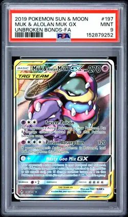2019 POKEMON SUN & MOON UNBROKEN BONDS #197 FULL ART/MUK & ALOLAN MUK GX PSA 9 - Image 1
