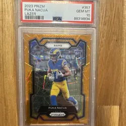 Panini 2023 Prizm Rookies Puka Nacua RC Lazer Prizm #357 Rams PSA 10 - Image 1