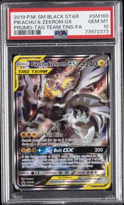 2019 POKEMON SM BLACK STAR PROMO #SM168 FULL ART/PIKACHU & ZEKROM GX PSA 10 - Image 1