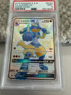 PSA 9 2019 Lucario GX SV64/SV94 Hidden Fates Shiny Vault Holo Full Art - Image 1