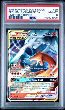 2019 POKEMON SUN & MOON UNBROKEN BONDS #20 RESHIRAM & CHARIZARD GX PSA 8 - Image 1