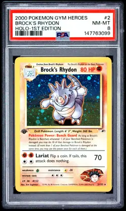 2000 Pokemon Gym Heroes 1st Edition 2 Brock's Rhydon Holo PSA 8 147763099 - Image 1
