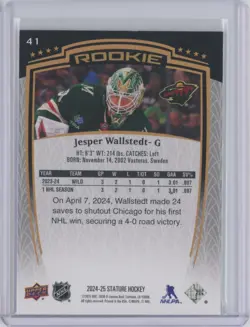 2024-25 Upper Deck Stature Rookie #41 Jesper Wallstedt /999 Rookie Card - Image 2