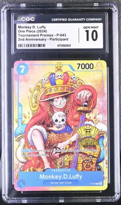 CGC 10 Monkey D. Luffy P-043 2nd Anniversary Tournament Promo One Piece - Image 1