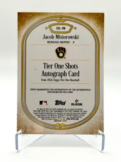 2026 Topps Tier One Jacob Misiorowski Tier One Shots On-Card Auto /25 Brewers RC - Image 2