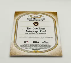 2026 Topps Tier One Jacob Misiorowski Tier One Shots On-Card Auto /25 Brewers RC - Image 4