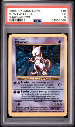 1999 POKEMON GAME SHADOWLESS #10 MEWTWO-HOLO PSA 5 - Image 1