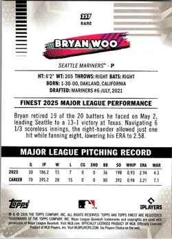 2026 Topps Finest #237 Bryan Woo Rare - Image 2