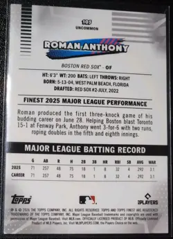 2026 Topps Finest #105 Roman Anthony RC Uncommon Base Card Boston Red Sox - Image 2