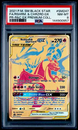 2021 POKEMON SM BLACK STAR PROMO #SM247 FULL ART/RESHIRAM & CHARIZARD GX PSA 8 - Image 1