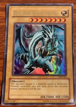 1996 Yu Gi Oh Blue-Eyes White Dragon #LOB-001 Holo Free Shipping - Image 1