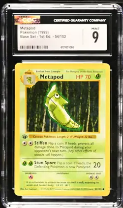 CGC 9 MINT Metapod 54/102 1st Edition Shadowless Base Set Pokemon Card - Image 1