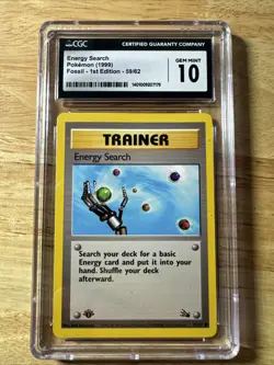 CGC 10 GEM MINT Energy Search 1999 Fossil 1st Edition 59/62 Pokemon Card - Image 1