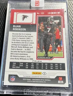 2023 Bijan Robinson Falcons 31/50 Panini Contenders Optic Blue RC Auto #103 - Image 2