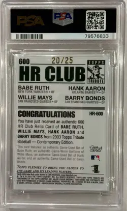 PSA 9 2003 Topps Tribute jersey bat Babe Ruth Mays Aaron Barry Bonds /25 POP 1 - Image 2