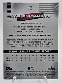 2026 Topps Finest Baseball #215 Yoshinobu Yamamoto RARE SP - Image 2