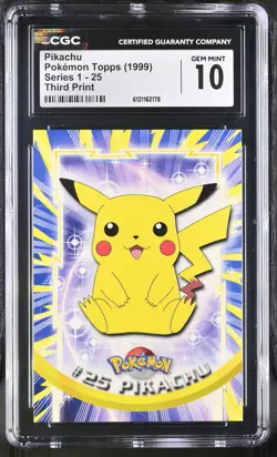 CGC 10 GEM MINT Pikachu 1999 Series 1 Topps 25 Third Print Pokemon Card - Image 1