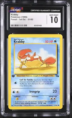CGC 10 GEM MINT Krabby 1999 Fossil 1st Edition 51/62 Pokemon Card - Image 1
