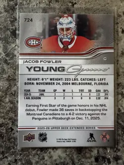 2025-26 Upper Deck Extended Series Jacob Fowler Young Guns #724 - Image 2