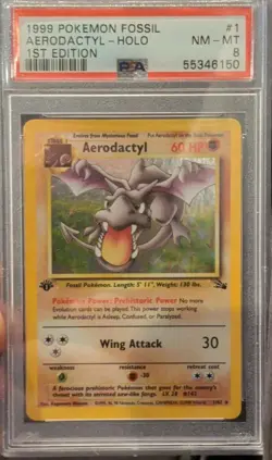PSA 8 1999 POKEMON AERODACTYL FOSSIL 1ST EDITION HOLO RARE #1/62 - Image 1