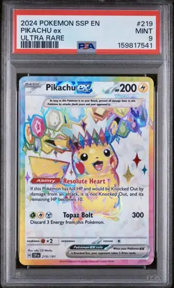 2024 Pokemon Surging Sparks #219 Pikachu EX Ultra Rare PSA 9 Card Illustration - Image 1