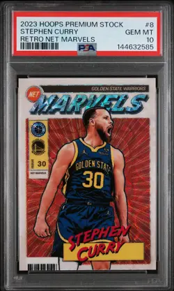 2023 PANINI HOOPS PREMIUM STOCK RETRO NET MARVELS #8 STEPHEN CURRY PSA 10 - Image 1