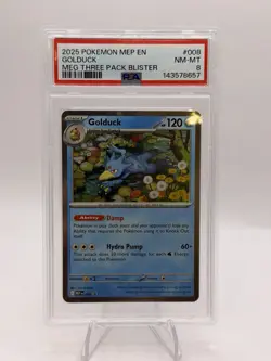 2025 POKEMON MEGA EVOLUTION THREE PACK BLISTER PROMO #008 GOLDUCK PSA 8 - Image 1