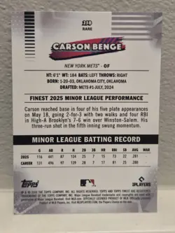 2026 Topps Finest Carson Benge RC Rare Aqua Mini-Diamonds /199 Mets - Image 2