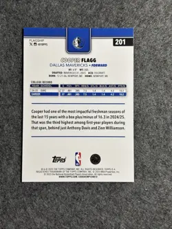 Cooper Flagg 2025-26 Topps Basketball Rookie Base #201 Dallas Mavericks - Image 2