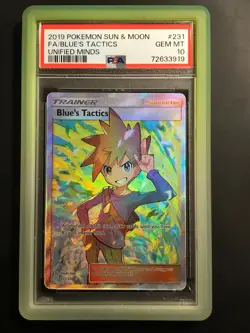 PSA 10 - Blue's Tactics 231/236 Pokemon Unified Minds Sun & Moon Full Art Card - Image 1