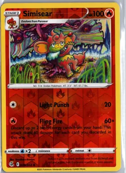 Simisear 038/264 Uncommon Fusion Strike Pokemon Reverse Holo Lightly Played - Image 1