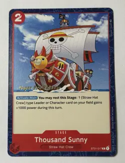 One Piece Super Pre-Release Gold Stamp ST01-017 Thousand Sunny English Card - Image 1