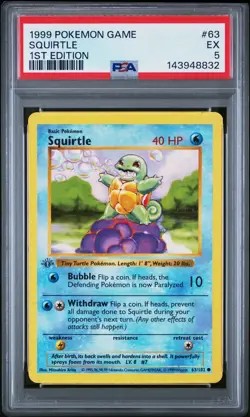 Pokemon TCG 1999 Squirtle Base Set Shadowless 1st Edition 63/102 PSA 5 - Image 1