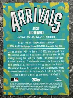 Jacob Misiorowski 2026 Topps Finest Arrivals Rookie Card A-18 Brewers RC - Image 2