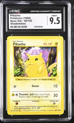 CGC 9.5 MINT+ Pikachu 58/102 Base Set Shadowless Yellow Cheeks Pokemon Card - Image 1