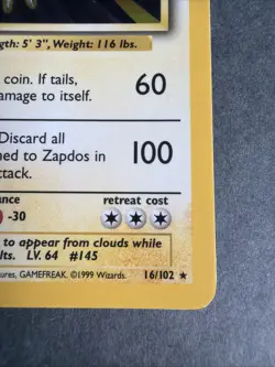 1999 Pokemon Base Set Zapdos Holo Rare Card 16/102 - Image 2