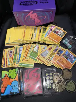 Pokemon Bulk Gift Bundle 260 Cards, Sleeves, Dice Sets, Coins Shipped In ETB Box - Image 1