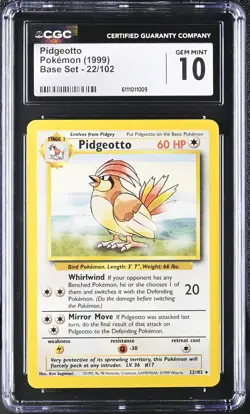 1999 Pokemon Base Set #22 Pidgeotto CGC 10 GEM MINT - Image 1