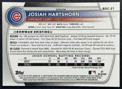 Josiah Hartshorn 2025 Bowman Draft #BDC-21 Chrome Refractor 1ST Prospect Cubs - Image 2