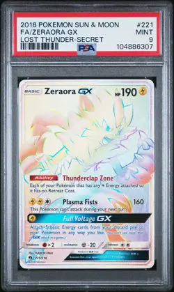 2018 POKEMON SUN & MOON LOST THUNDER SECRET #221 FULL ART/ZERAORA GX PSA 9 - Image 1
