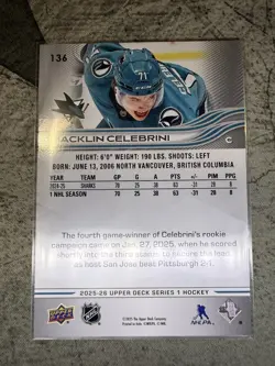 2025-26 Upper Deck Series 1 Macklin Celebrini #136 San Jose Sharks - Image 2