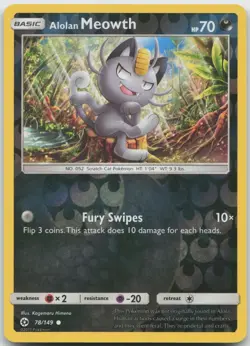 Alolan Meowth 78/149 Common SM Base Set Pokemon Reverse Holo Near Mint - Image 1