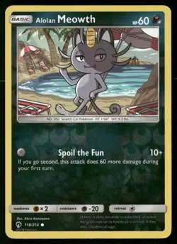 Alolan Meowth 118/214 Common Lost Thunder Pokemon Reverse Holo LP - Image 1