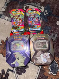 Sealed Pokemon TCG Bundle Lot: 2 Triple Whammy Tins + 2 Chaos Rising Packs - Image 1