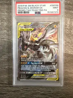 2019 Pokemon Pikachu & Zekrom GX TAG TEAM Holo Promo SM168 PSA 9 MINT - Image 1