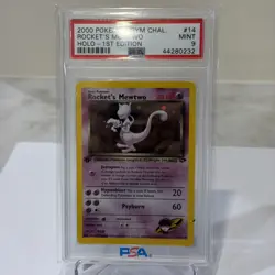 PSA 9 2000 Rocket's Mewtwo 14/132 Gym Challenge Holo 1st edition w/ SWIRL - Image 1
