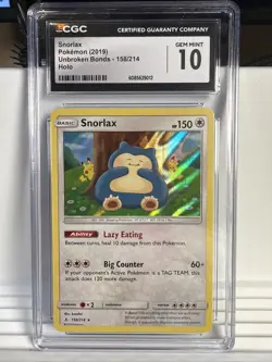 Pokemon Snorlax Holo Sun & Moon Unbroken Bonds 158/214 CGC 10 Gem Mint - Image 1
