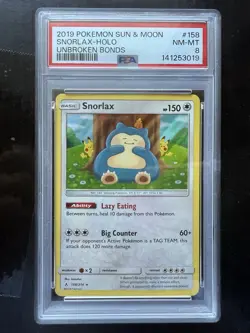 Pokemon Snorlax Holo Rare Sun & Moon Unbroken Bonds 158/214 PSA8 - Image 1