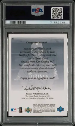 1999 Upper Deck Encore AUTHENTICS AUTO Ken Griffey Jr - SSP - PSA 9 (POP 13) - Image 2