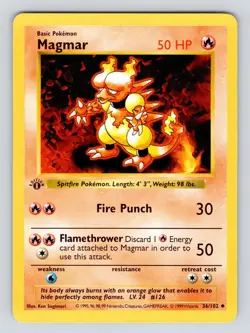MP** 1st edition Pokemon MAGMAR Card BASE Set 36/102 First ed Shadowless - Image 1